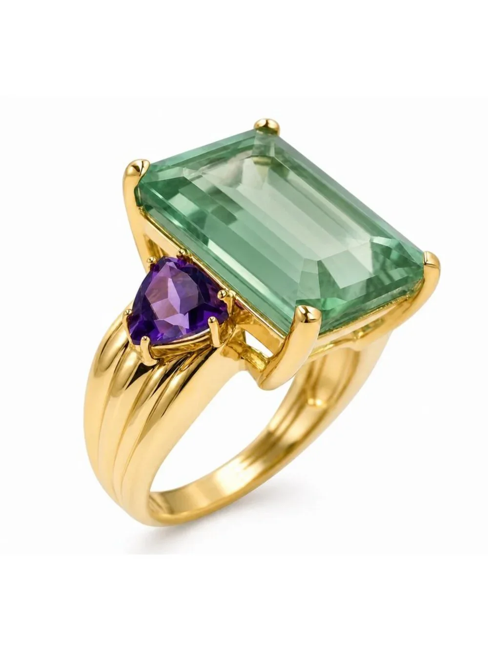 Genuine 10.05 Cts Green Fluorite & Amethyst Ring Solid 10k Gold